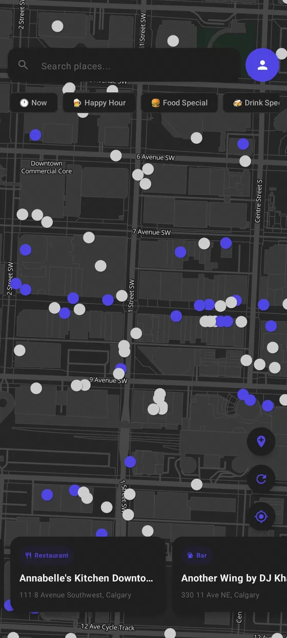 Kestr map filtered to Happy Hour, with venues and their specials shown near downtown Calgary.